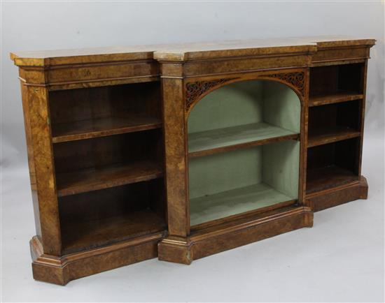 A Victorian burr walnut breakfront dwarf bookcase, W.6ft 5in. D.1ft 6in. H.3ft 2in,